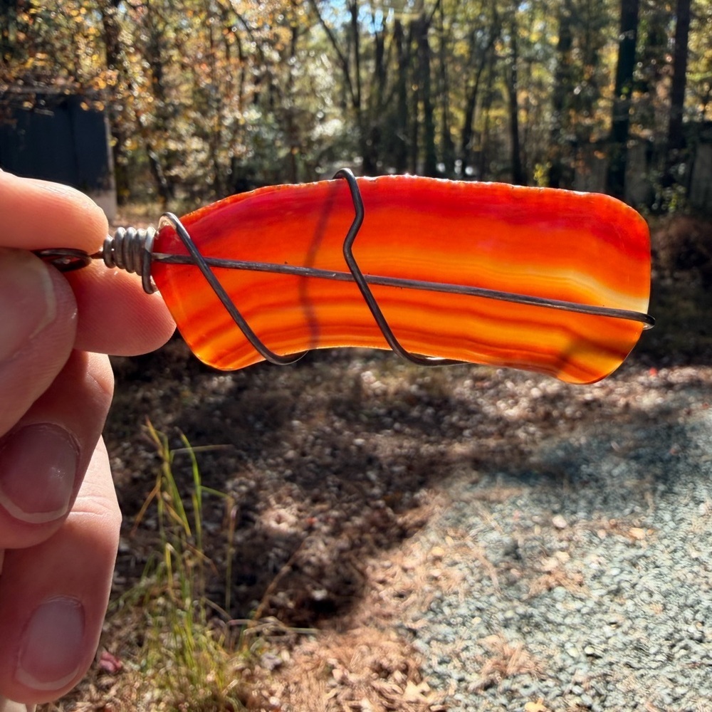 Wire Wrapped Polished Banded Carnelian Agate Pendant​​